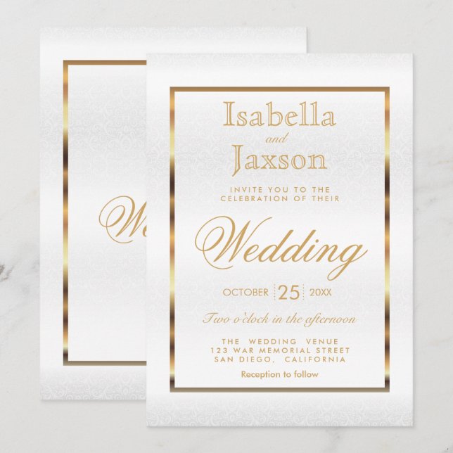 Gold and White Damask - Wedding Invitation (Front/Back)