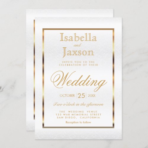 Gold and White Damask _ Wedding Invitation