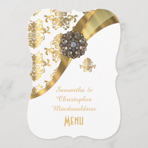 Gold and white damask wedding menu