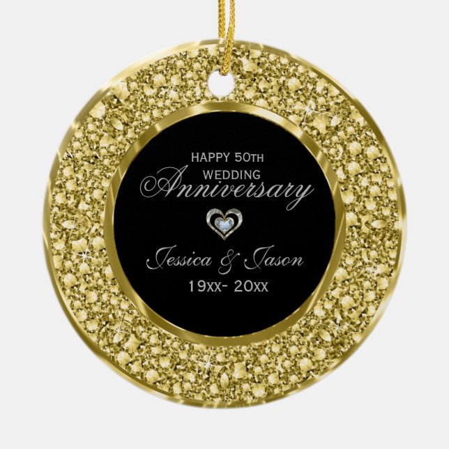 Gold And White Diamonds Silver Heart Ceramic Ornament (Front)