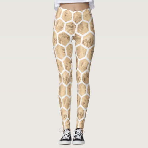 Gold and white distressed honeycomb giraffe leggings