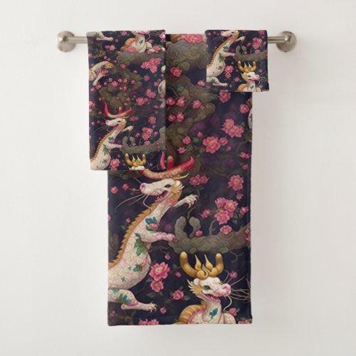 Gold and White Dragons with Cherry Blossoms Bath Towel Set
