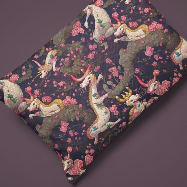 Gold and White Dragons with Cherry Blossoms Pillow Case (Creator Uploaded)