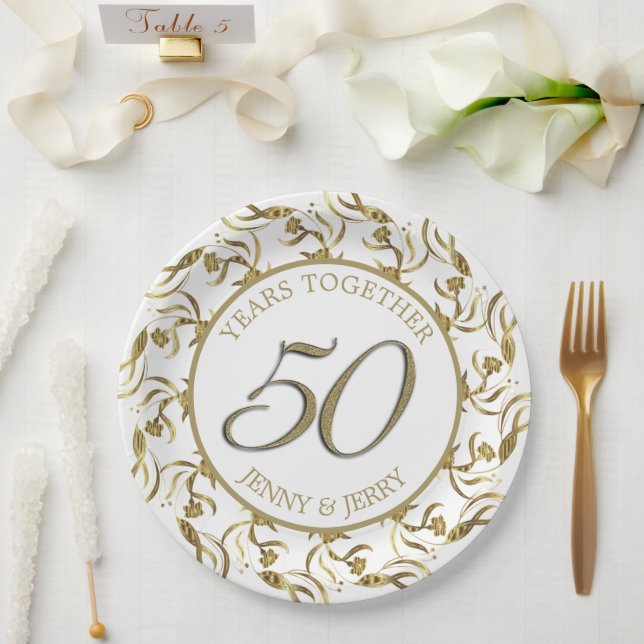 Gold and White elegant Anniversary Paper Plate (Wedding)