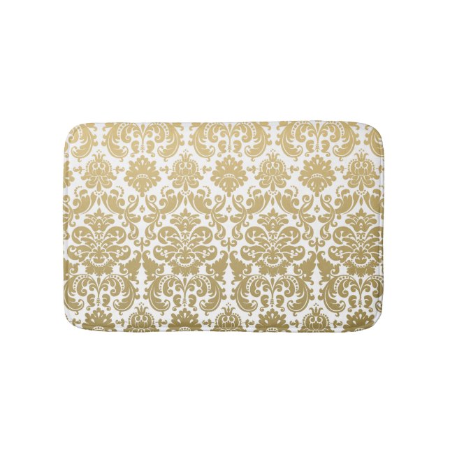 Gold and White Elegant Damask Pattern Bathroom Mat (Front)