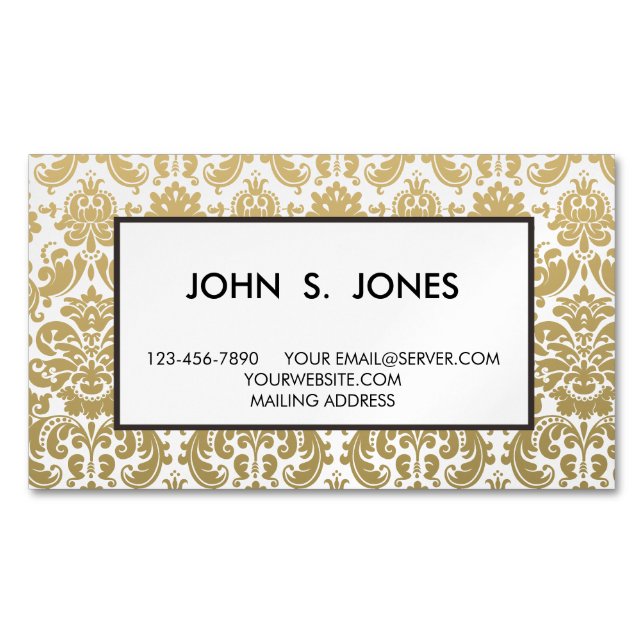 Gold and White Elegant Damask Pattern Business Card Magnet (Front)