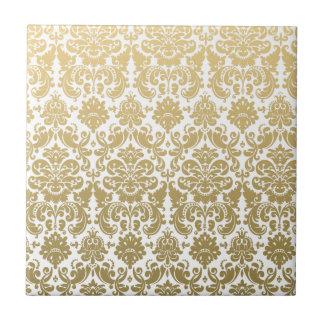 Gold and White Elegant Damask Pattern Ceramic Tile