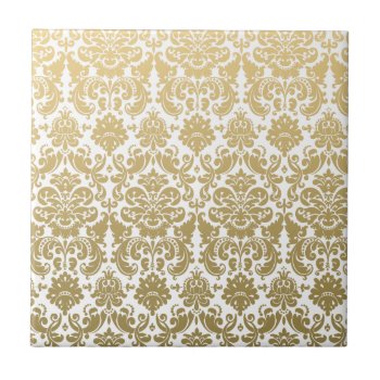 Gold And White Elegant Damask Pattern Ceramic Tile by DamaskGallery at Zazzle