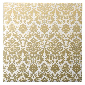 Gold And White Elegant Damask Pattern Tile by DamaskGallery at Zazzle