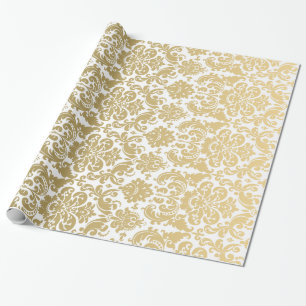 Gold and White Elegant Damask Pattern Wrapping Paper
