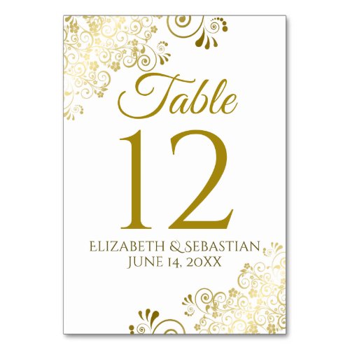 Gold and White Elegant Filigree Wedding Table Number