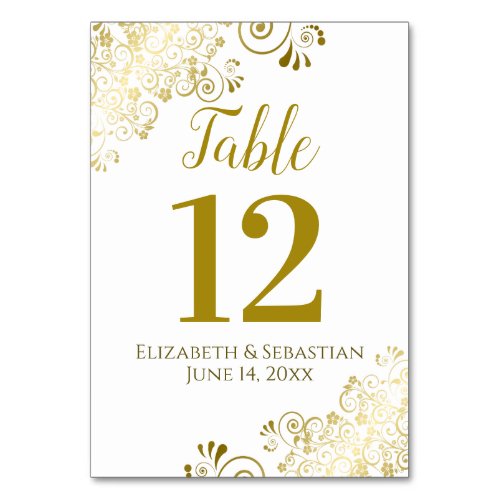 Gold and White Elegant Frilly Wedding Table Number