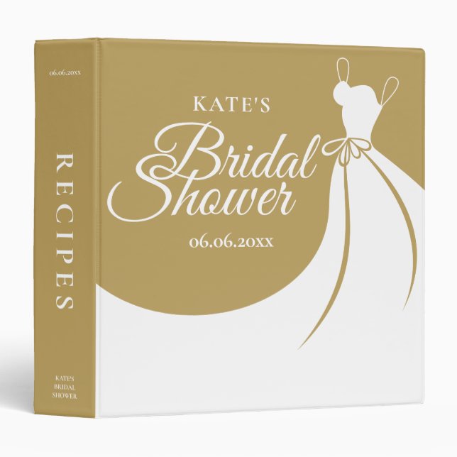 Gold and White Elegant Gown Bridal Shower Recipe 3 Ring Binder (Front/Spine)