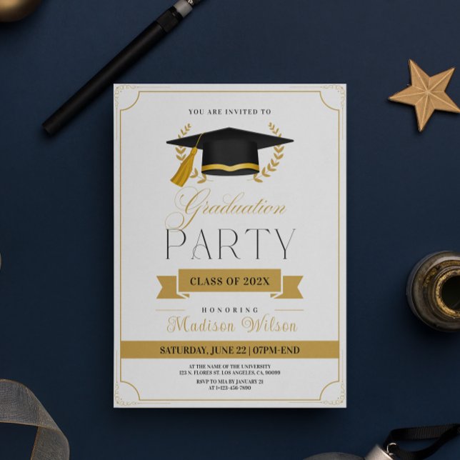 Gold and white elegant graduation party invite (Creator Uploaded)
