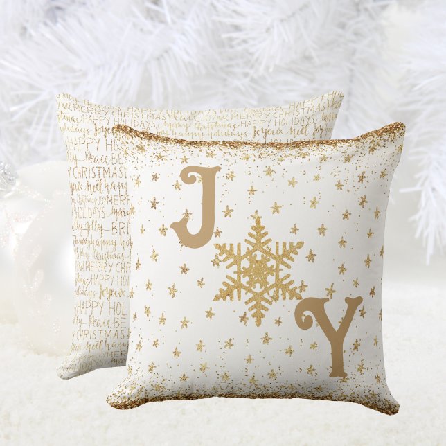 Gold and White, Elegant JOY Christmas Star Throw Pillow (Gold and White, Elegant JOY Christmas Star Throw Pillow)