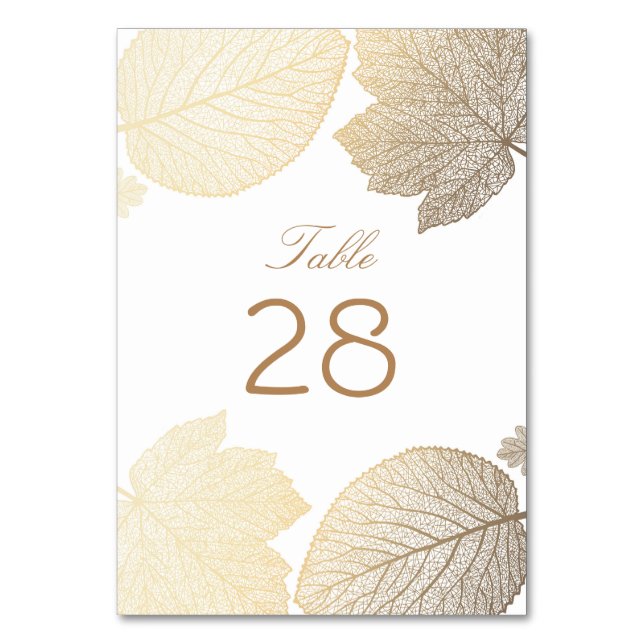 Gold and White Fall Leaves Wedding Table Number (Front)