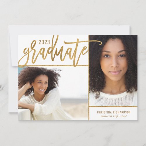 Gold and White Faux Foil 2 Photo Graduation Announcement