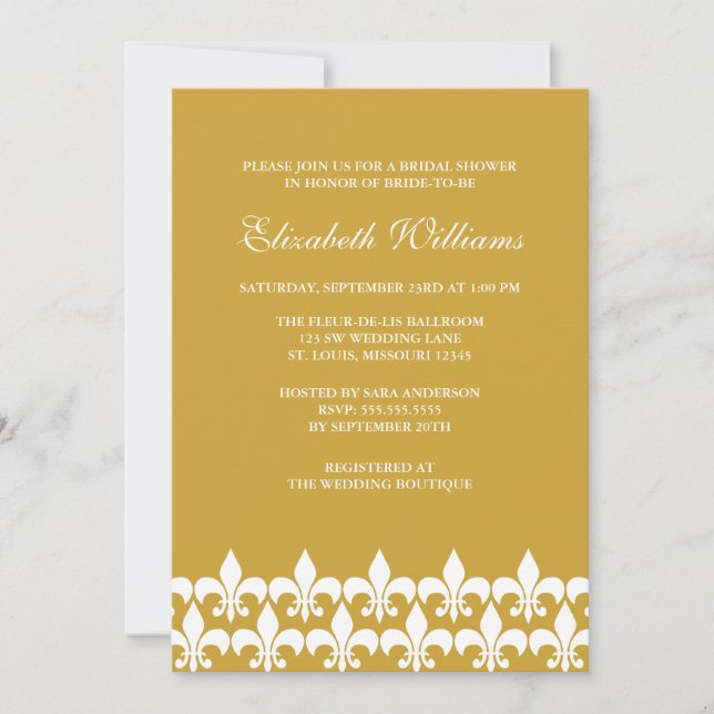 Gold and White Fleur de Lis Bridal Shower Invitation (Front)
