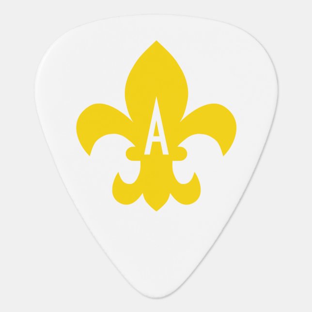 Gold and White Fleur de Lis Monogram Guitar Pick (Front)