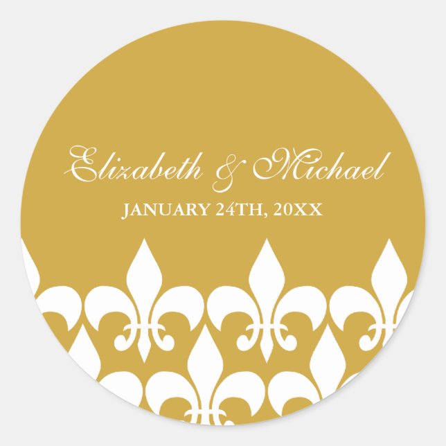 Gold and White Fleur de Lis Wedding Favor Label (Front)