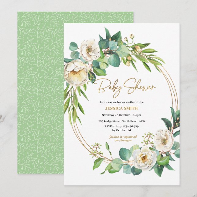 Gold and White floral Baby Shower Invitation (Front/Back)