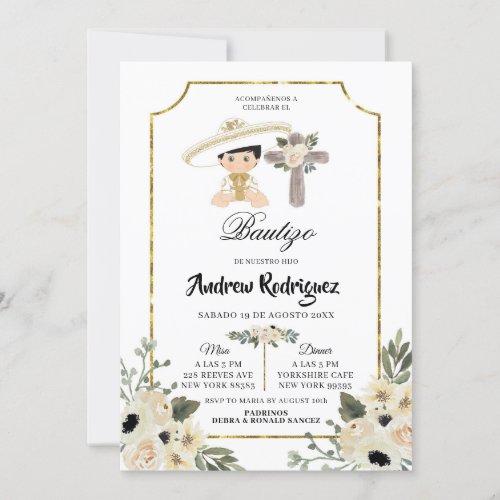 Gold and White Floral Boy Bautizo Invitacion Invitation