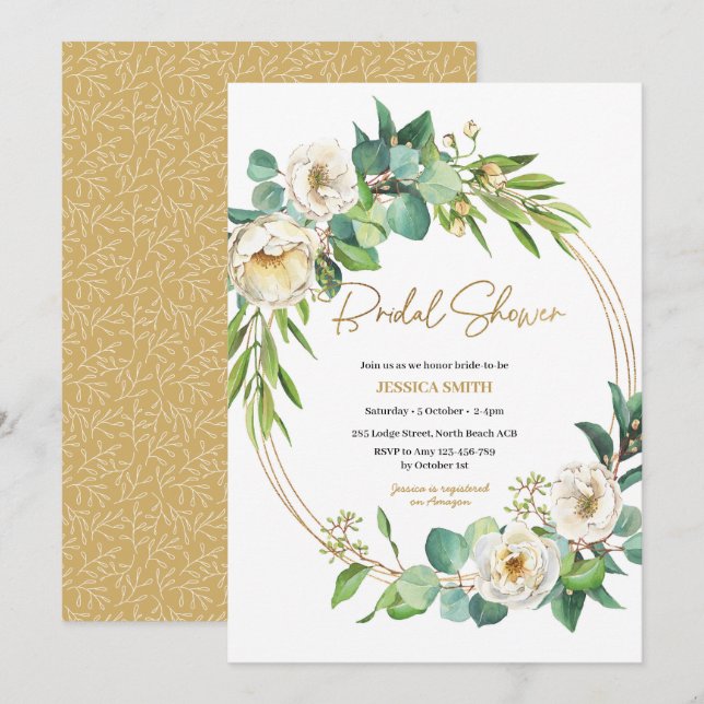 Gold and White floral Bridal Shower Invitation (Front/Back)