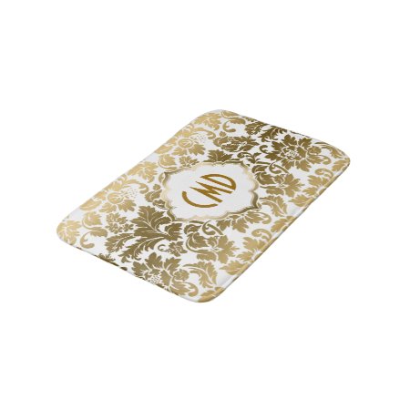 Gold And White Floral Damask Bath Mat