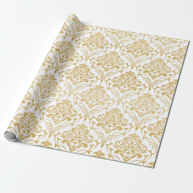 Gold and white floral damasks wrapping paper (Unrolled)