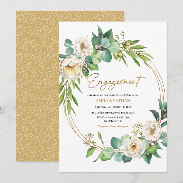 Gold and White floral Engagement Invitation (Front/Back)