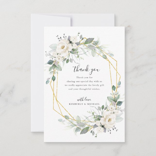 gold and white floral geometric wedding  thank you card (Front)