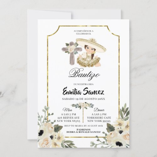 Gold and White Floral Girl Bautizo Invitacion Invitation