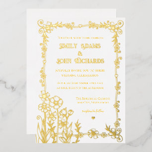 Gold and White Floral Hand Drawn Wedding Foil Invitation