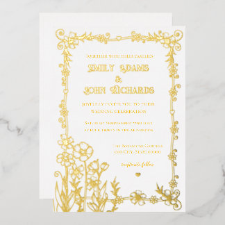 Gold and White Floral Hand Drawn Wedding Foil Invitation