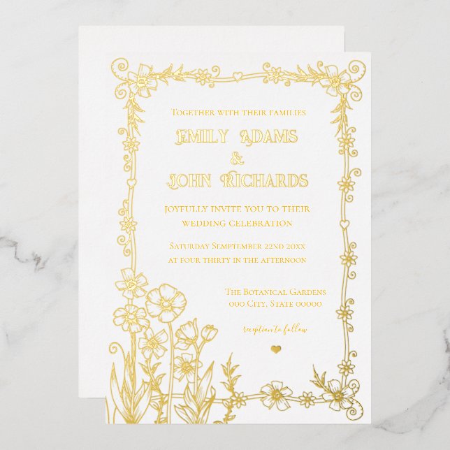 Gold and White Floral Hand Drawn Wedding  Foil Invitation (Front/Back)
