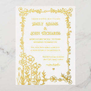 Gold and White Floral Hand Drawn Wedding  Foil Invitation Postcard