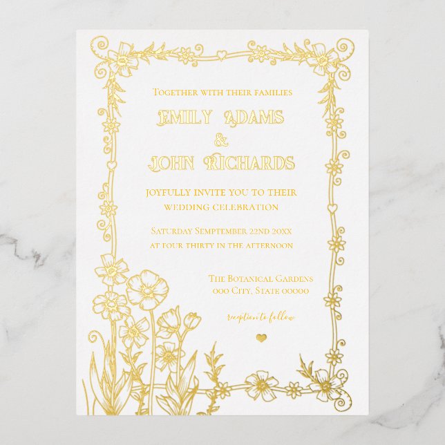Gold and White Floral Hand Drawn Wedding  Foil Invitation Postcard (Front)