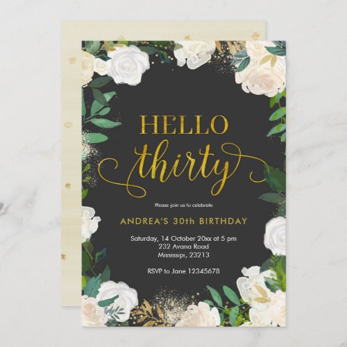 Gold and White Floral Hello Thirty Invitation