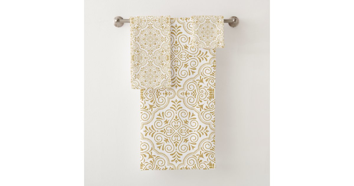 Gold and white floral Moroccan pattern Bath Towel Set | Zazzle