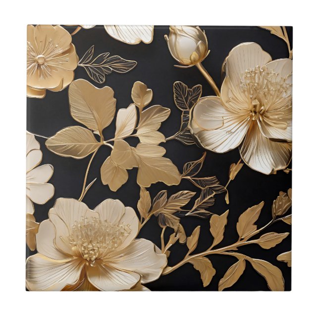 Gold And White Floral Pattern On Black Ceramic Tile (Front)
