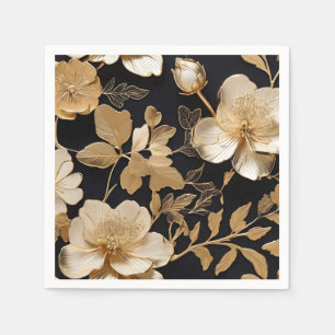 Gold And White Floral Pattern On Black Napkins