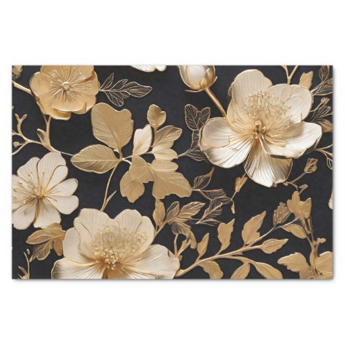 Gold And White Floral Pattern On Black Tissue Paper