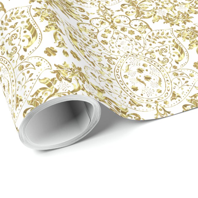 Gold And White Floral Pattern Wrapping Paper (Roll Corner)