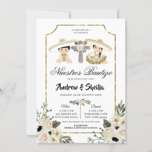 Gold and White Floral Twin Boy Girl Bautizo Invitation
