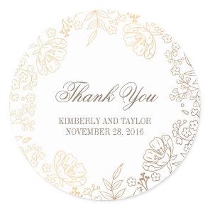 Gold and White Floral Vintage Wedding Thank You Classic Round Sticker