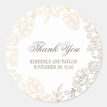 Gold And White Floral Vintage Wedding Thank You Classic Round Sticker by jinaiji at Zazzle