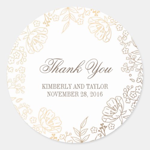Gold and White Floral Vintage Wedding Thank You Classic Round Sticker