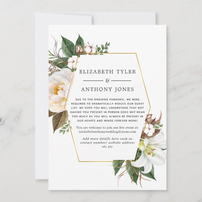 Gold and White Floral Wedding Reduced Guest List Announcement (Front)