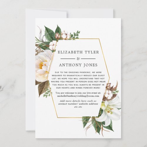 Gold and White Floral Wedding Reduced Guest List Announcement