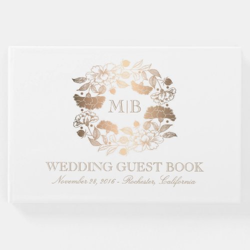 Gold and White Floral Wreath Elegant Wedding Guest Book - Vintage elegant monogram wedding guest book with garden peonies wreath
